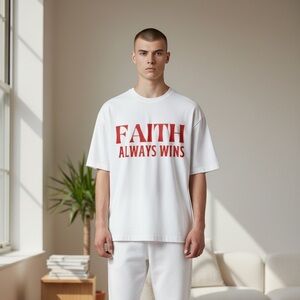 Gildan White Tee with Red Print “ Faith Always Win” SZ s
